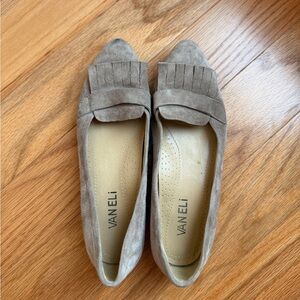 Vaneli Taupe Suede Fringe Penny Loafers